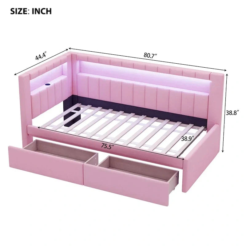 Lit plateforme rembourré avec ports USB et éclairage LED - Cadre de lit double/simple avec 2 tiroirs de rangement - Chambre à coucher moderne