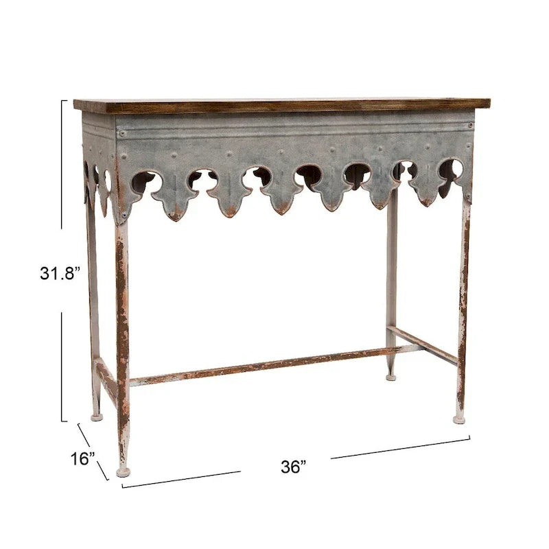 Console en métal finition zinc et bois à bord festonné