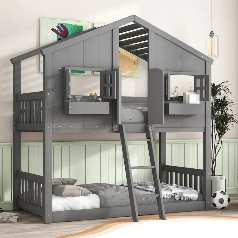 Lit superposé cabane jumeau sur jumeau avec toit, fenêtre, jardinière, porte, barrières de sécurité et échelle, gris
