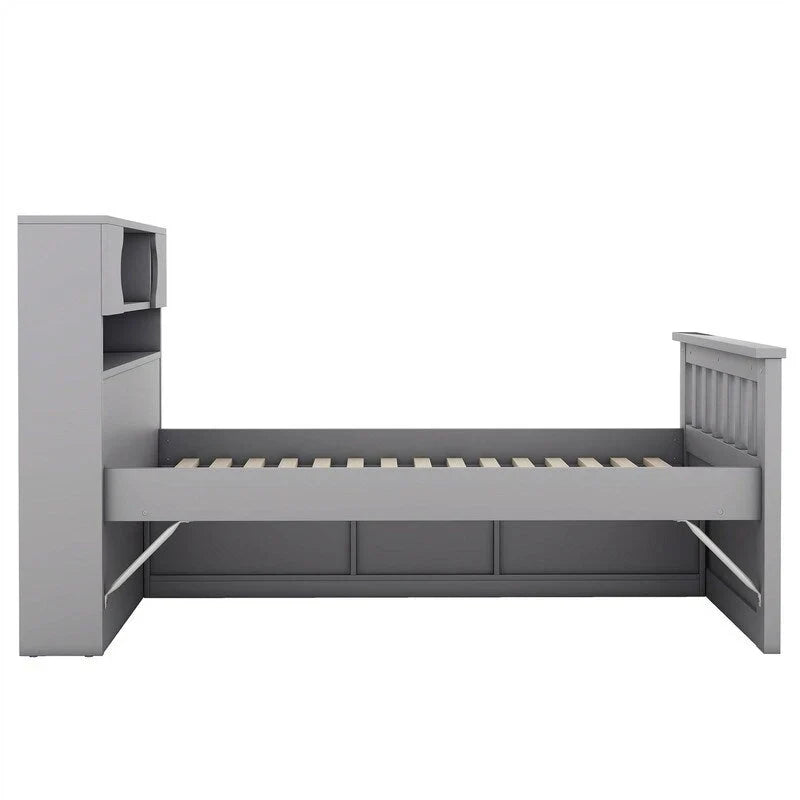 Lit plateforme capitaine double/grand avec 4 tiroirs et étagères de rangement, cadre de lit en bois massif avec tête de lit bibliothèque de rangement