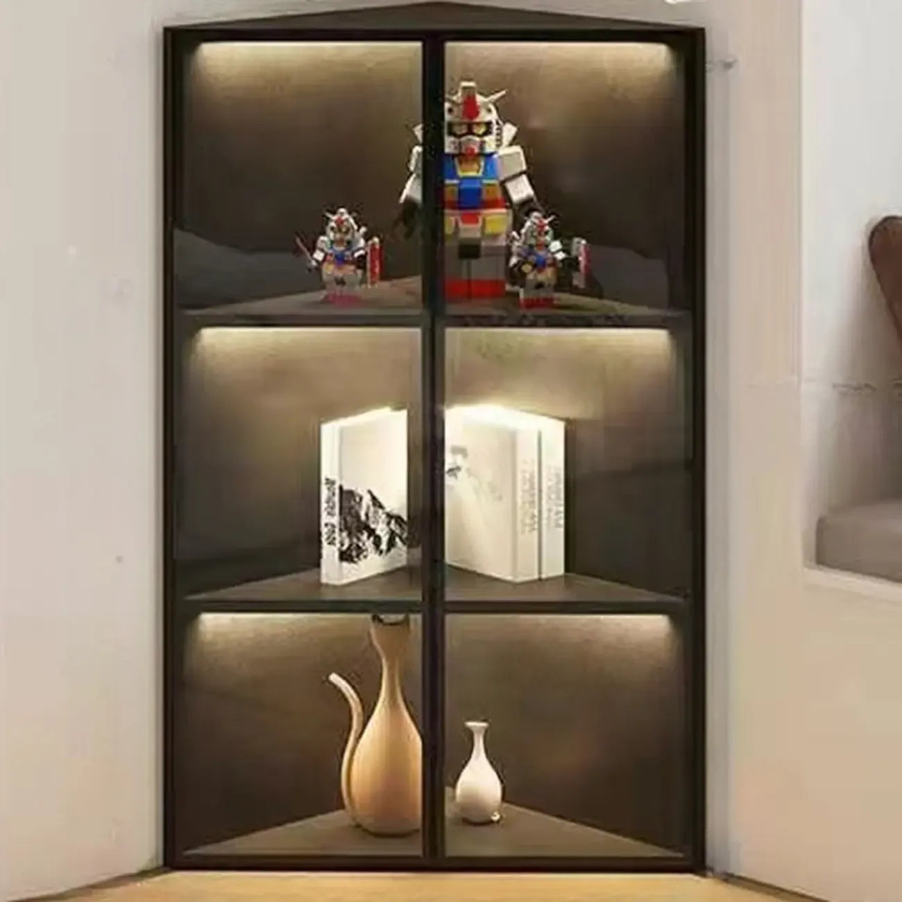 Meuble d'angle d'exposition moderne en bois et métal gris avec porte vitrée