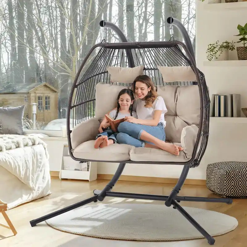 Balancelle extérieure à deux places avec support, chaise suspendue pliable, coussin de hamac et auvent, chaise double en forme d'œuf - Beige