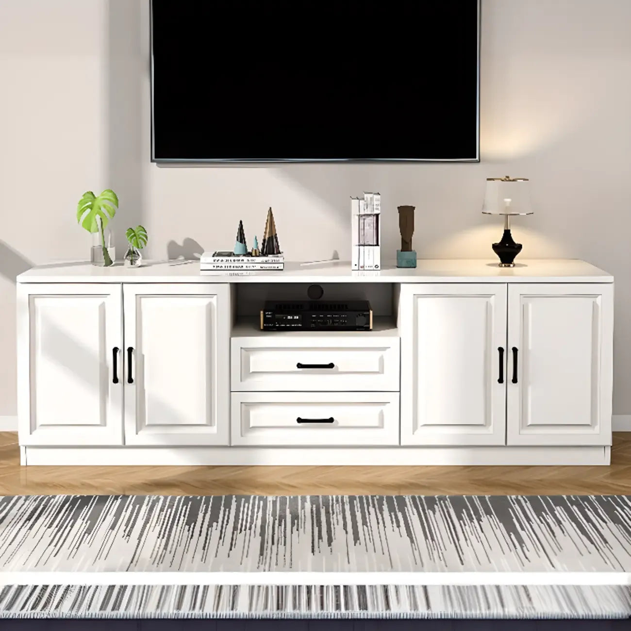Meuble TV moderne blanc en bois avec rangement et gestion des câbles