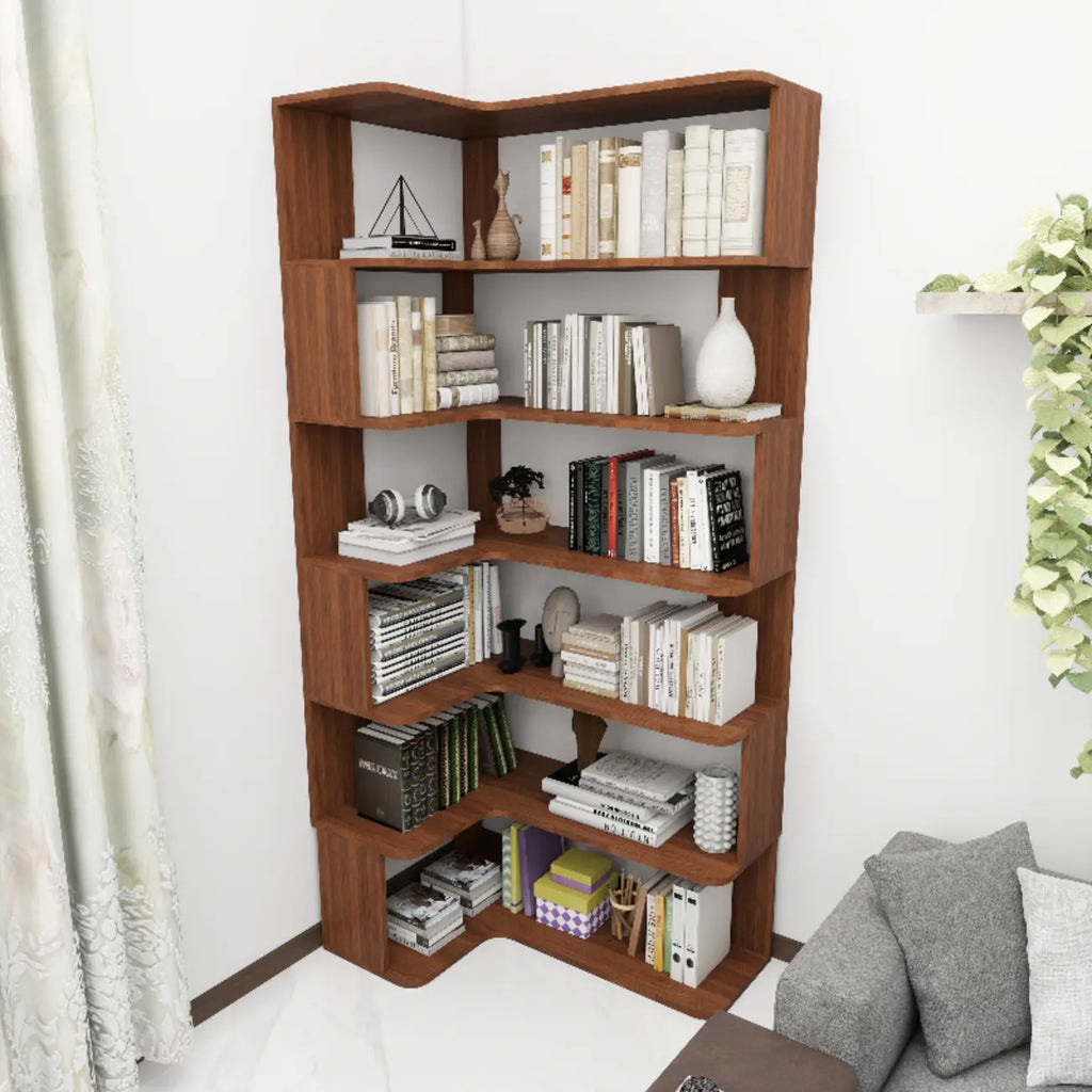 Étagère d'angle en bois manufacturé à 6 tablettes