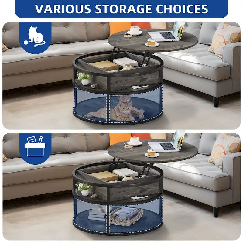 Table basse ronde relevable Moasis Farmhouse avec rangement dissimulé et étagère