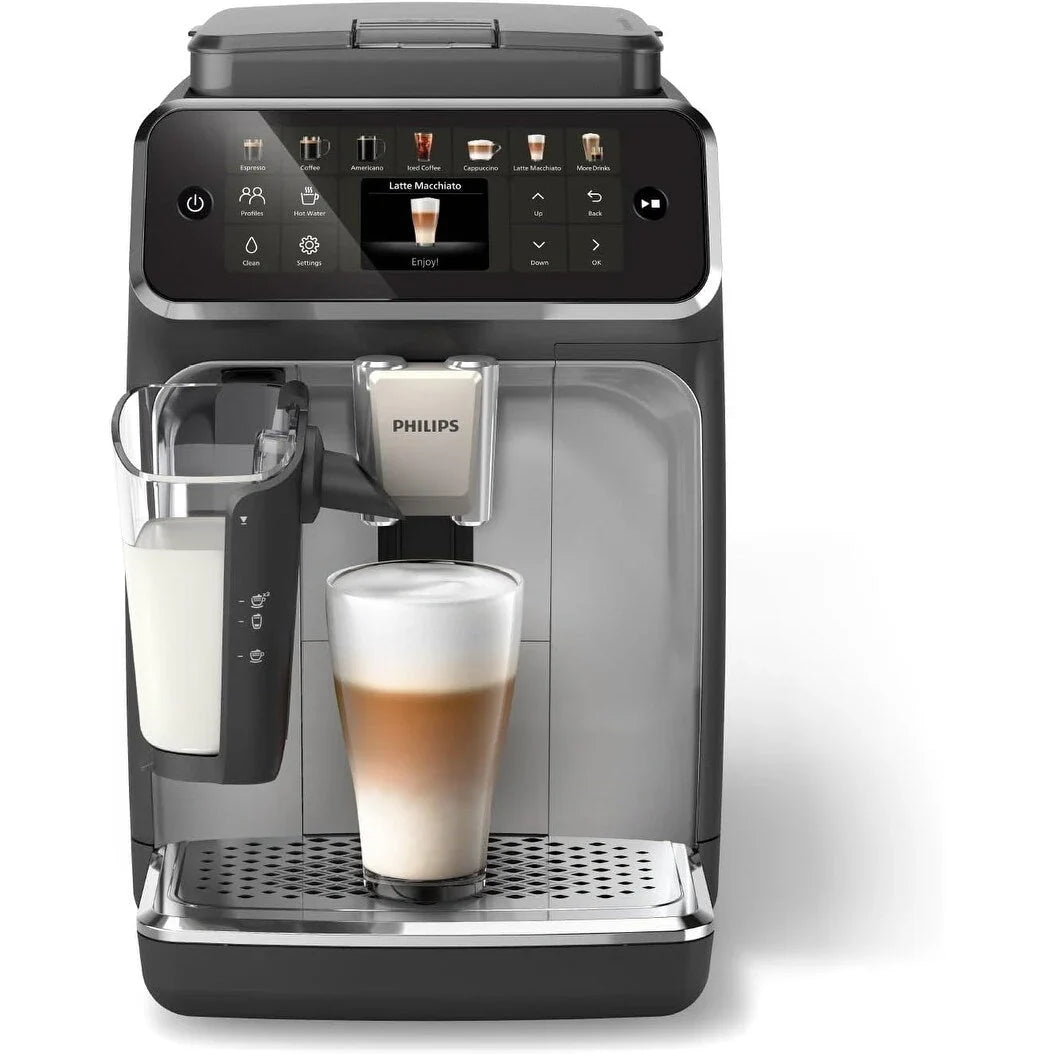 Machine à café expresso haut de gamme, 12 cafés chauds/froids, système LatteGo, broyeur céramique, chrome noir