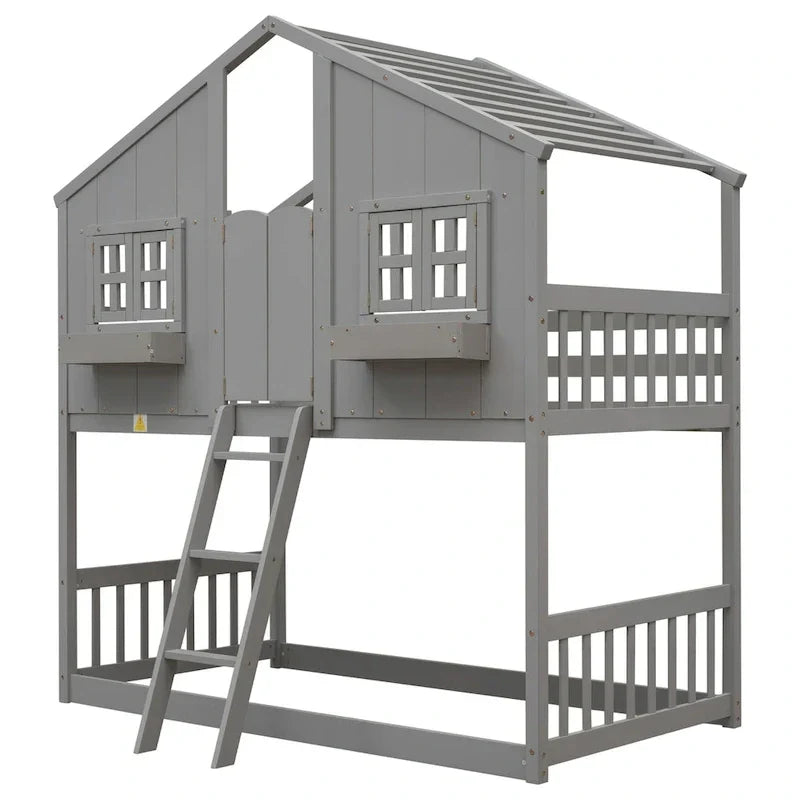 Lit superposé cabane jumeau sur jumeau avec toit, fenêtre, jardinière, porte, barrières de sécurité et échelle, gris