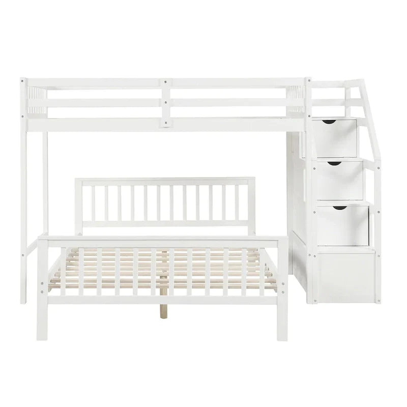 Lit mezzanine double sur lit double en bois avec escalier, balustrades hautes et échelle