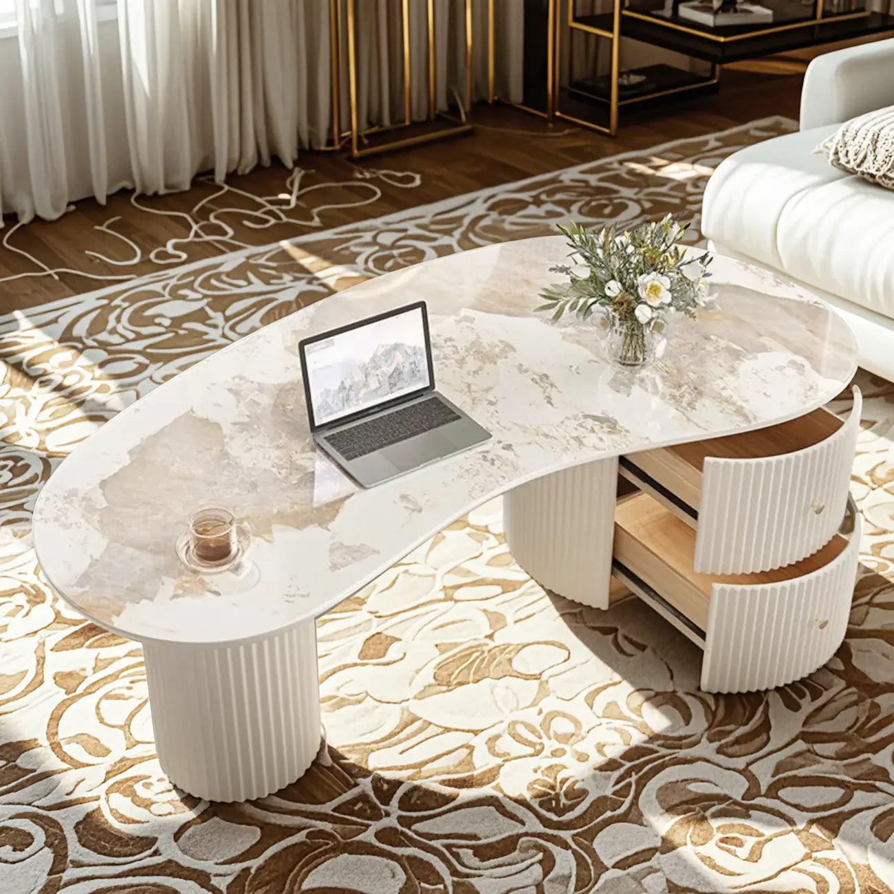 Table basse ovale standard blanche minimaliste avec 2 tiroirs