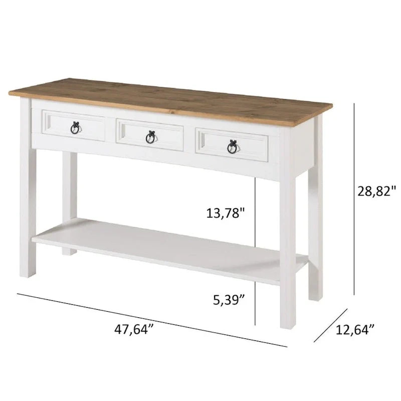 Console de couloir rustique en pin massif, blanc cérusé / marron antique / gris cérusé / non peinte, 3 tiroirs