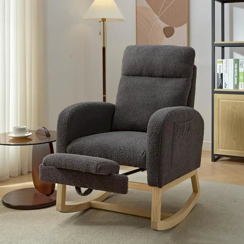 Fauteuil à bascule rembourré moderne de 75 cm de hauteur avec dossier haut, pieds en bois massif et repose-pieds réglable