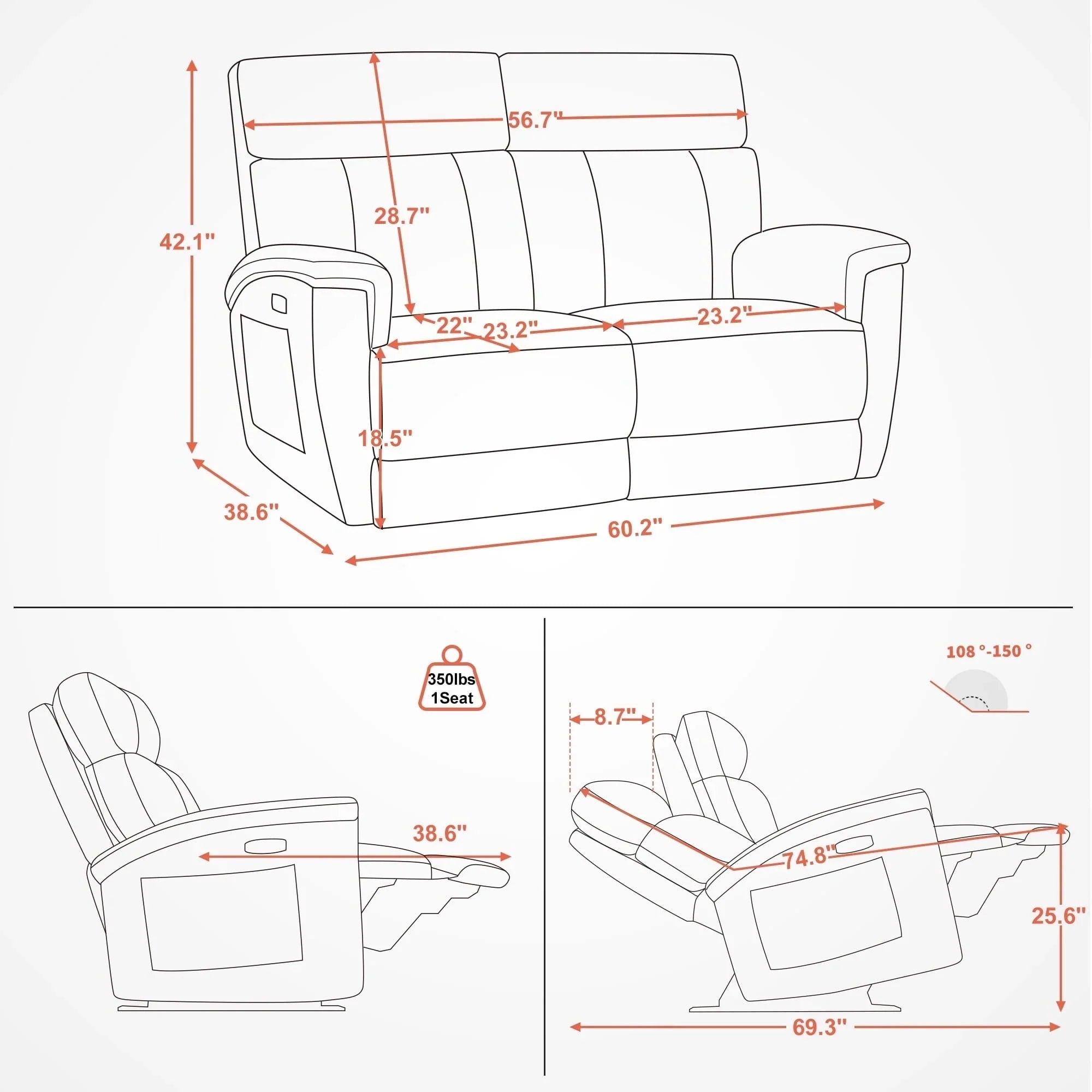 Canapé inclinable électrique MCombo 60,2 po avec massage et double chauffage, appuie-tête réglable, ports USB et Type C, tissu