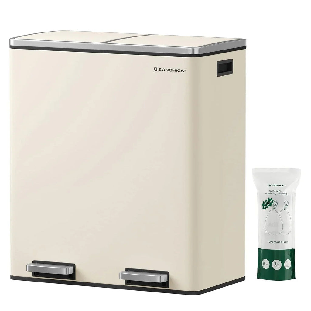 SONGMICS Poubelle double, 60L, en acier inoxydable, amande