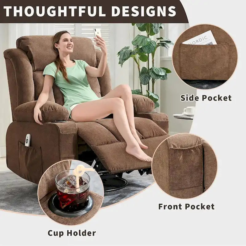 Fauteuil inclinable, Fauteuils à bascule avec massage et chauffage, Poches latérales et porte-gobelet