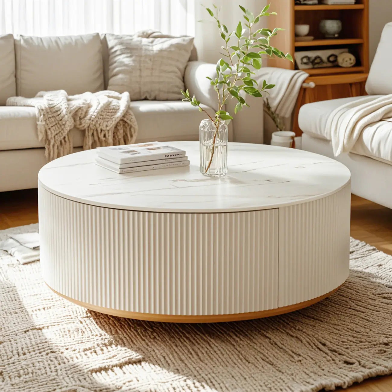 Table basse de forme tambour, ronde, en bois, moderne, blanche avec tiroir