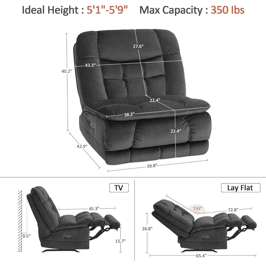 MCombo Fauteuil inclinable électrique sans accoudoirs surdimensionné à double moteur, inclinable Zeroarms parfait pour le salon en tissu PR607