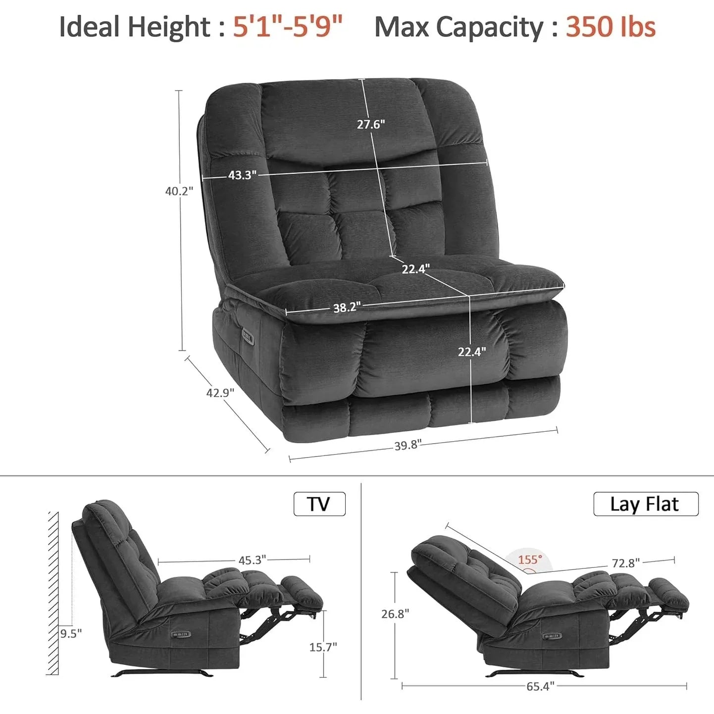MCombo Fauteuil inclinable électrique sans accoudoirs surdimensionné à double moteur, inclinable Zeroarms parfait pour le salon en tissu PR607