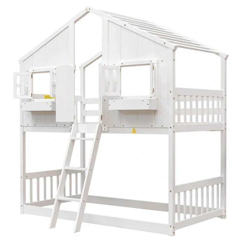 Lit superposé cabane jumeau sur jumeau avec toit, fenêtre, jardinière, porte, barrières de sécurité et échelle, gris
