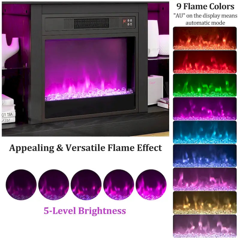 Meuble TV avec cheminée électrique, lumières LED et télécommandes