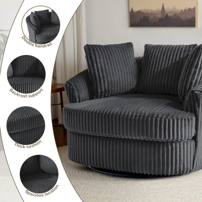 Fauteuil pivotant rond surdimensionné en velours côtelé avec accoudoirs encastrés 43 W