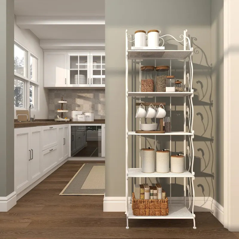 Étagère de Boulanger Pliable Haute à 5 Niveaux en Métal Décoratif pour Intérieur/Extérieur - Or ou Blanc - Roche River Decor