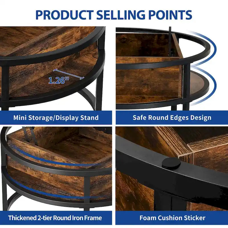 Table basse ronde relevable Moasis Farmhouse avec rangement dissimulé et étagère