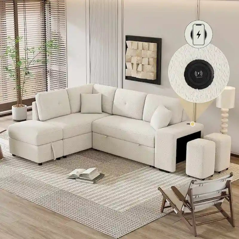 Canapé d'angle convertible avec pouf de rangement, canapé-lit pour salon