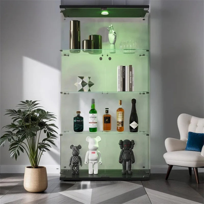 Vitrine en verre éclairée à deux portes avec 4 étagères, noire