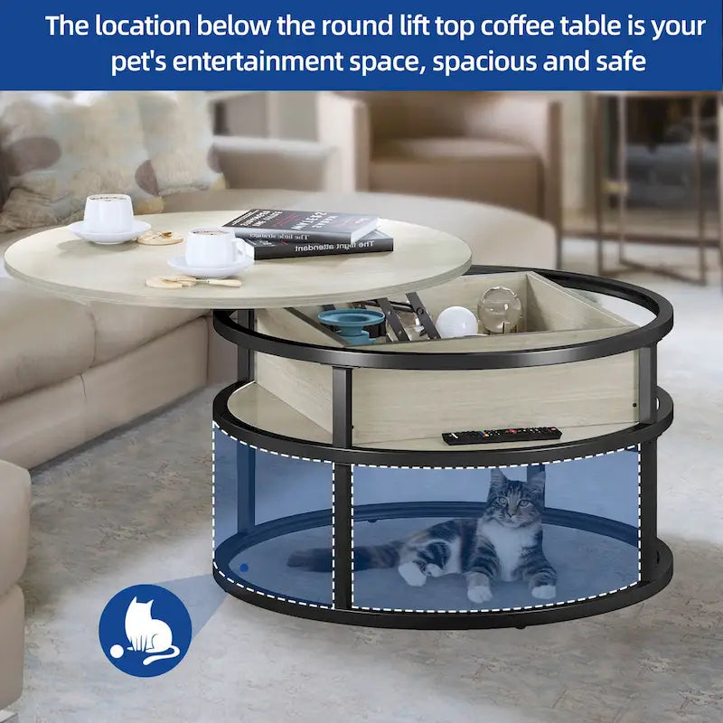 Table basse ronde relevable Moasis Farmhouse avec rangement dissimulé et étagère