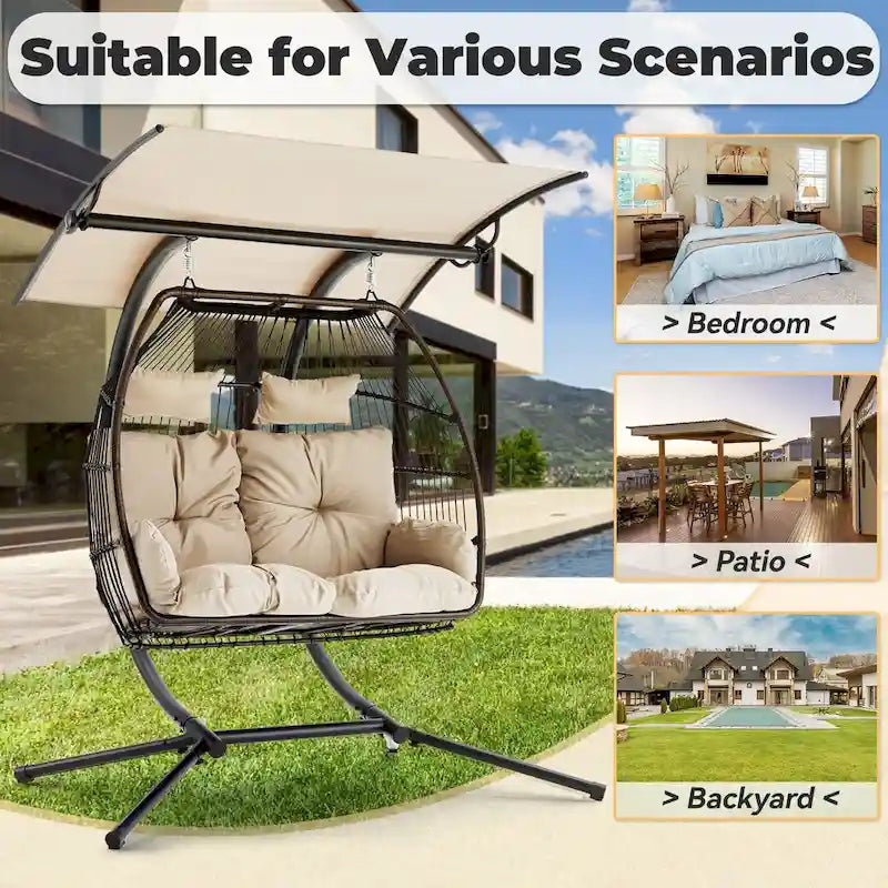 Balancelle extérieure à deux places avec support, chaise suspendue pliable, coussin de hamac et auvent, chaise double en forme d'œuf - Beige