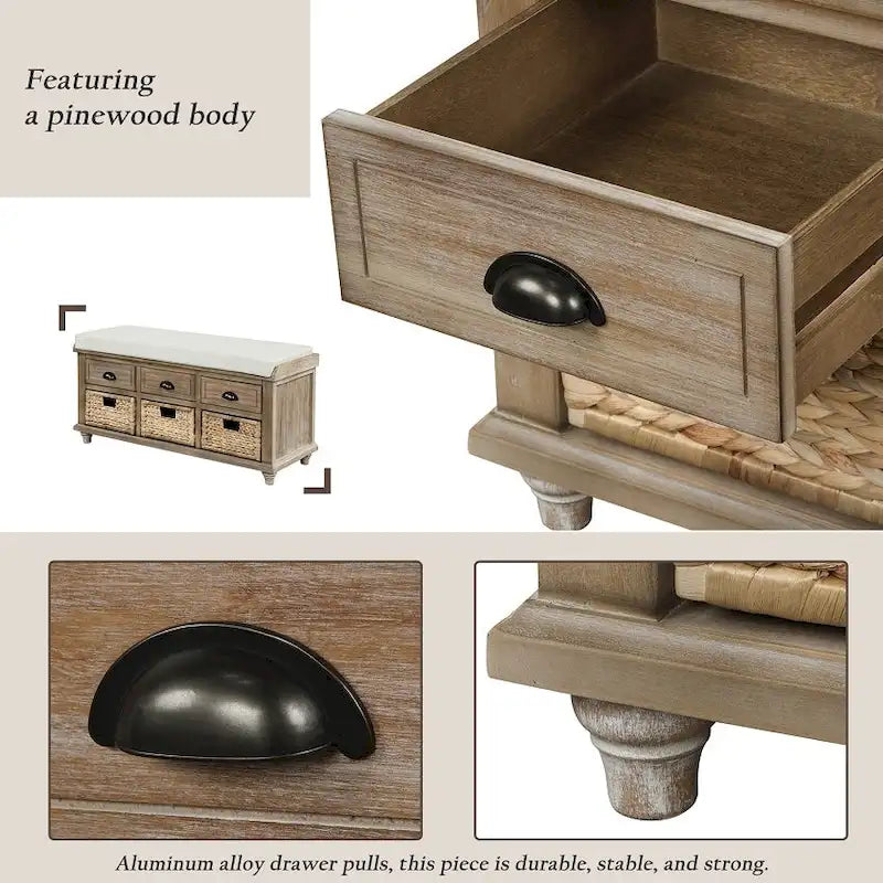 Banc de rangement rustique avec 3 tiroirs et 3 paniers en rotin, banc à chaussures pour salon, entrée