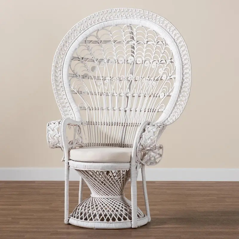 Fauteuil Peacock en rotin naturel blanc bohème moderne