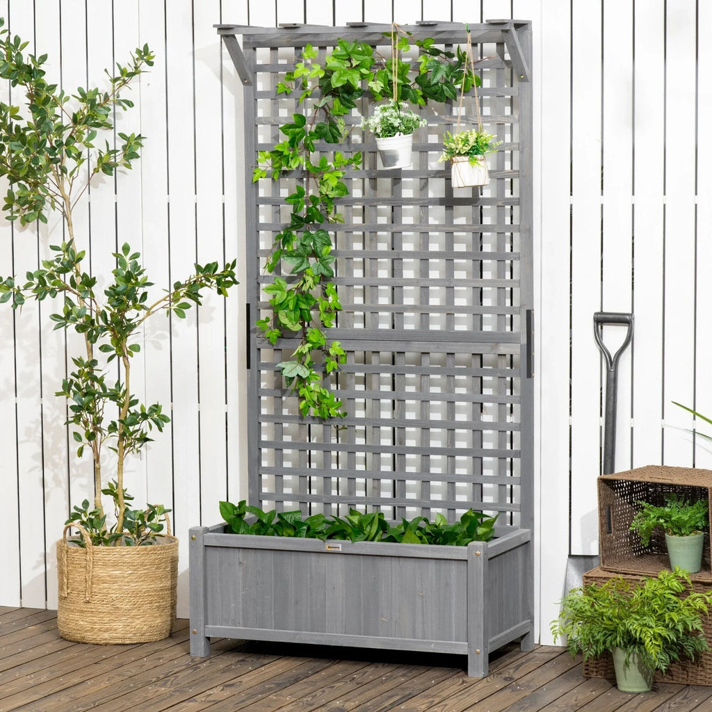 Jardinière en bois avec treillis, Carré potager surélevé pour plantes grimpantes avec trous de drainage et toit