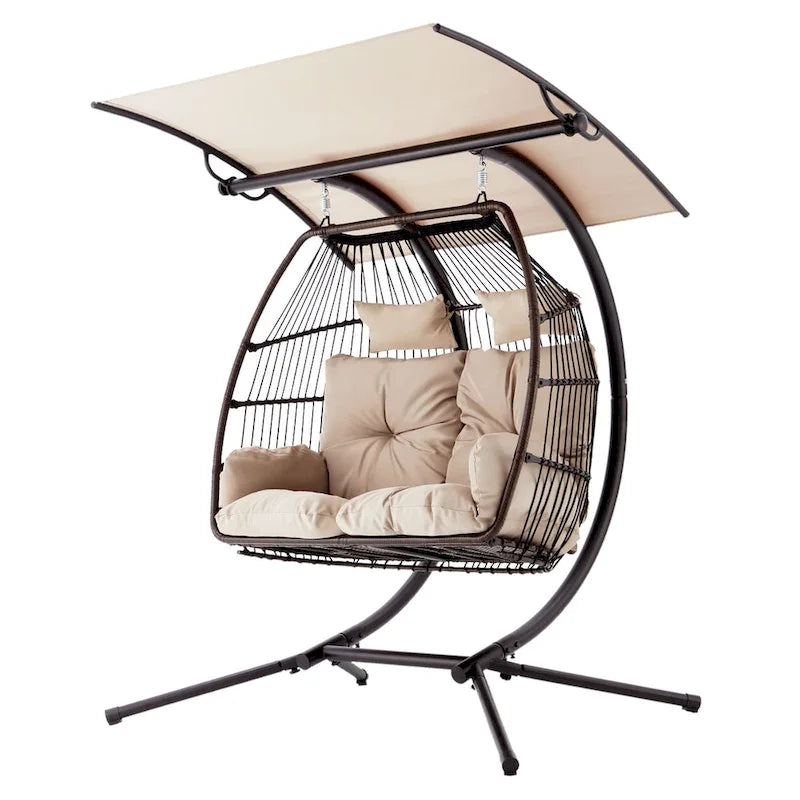 Balancelle extérieure à deux places avec support, chaise suspendue pliable, coussin de hamac et auvent, chaise double en forme d'œuf - Beige