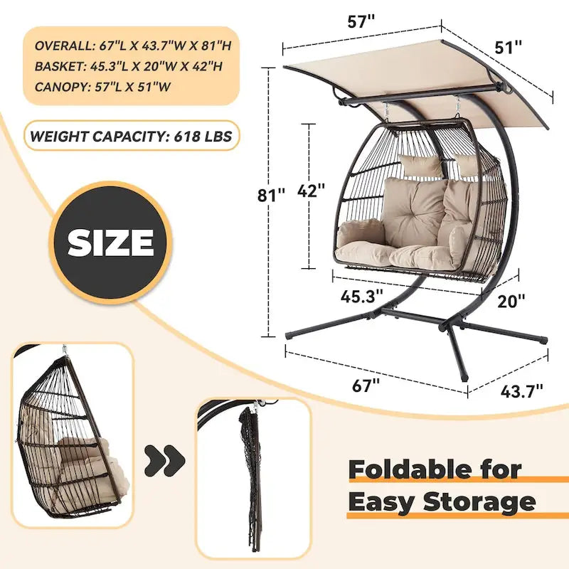 Balancelle extérieure à deux places avec support, chaise suspendue pliable, coussin de hamac et auvent, chaise double en forme d'œuf - Beige