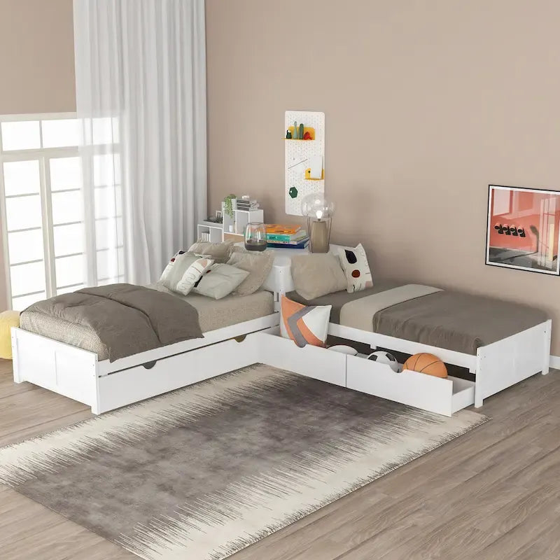 Lit plateforme en L moderne blanc de taille double avec lit gigogne et tiroirs pour chambre à coucher