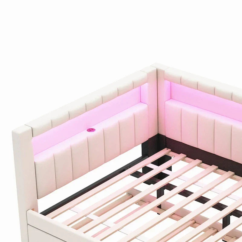 Lit plateforme rembourré avec ports USB et éclairage LED - Cadre de lit double/simple avec 2 tiroirs de rangement - Chambre à coucher moderne