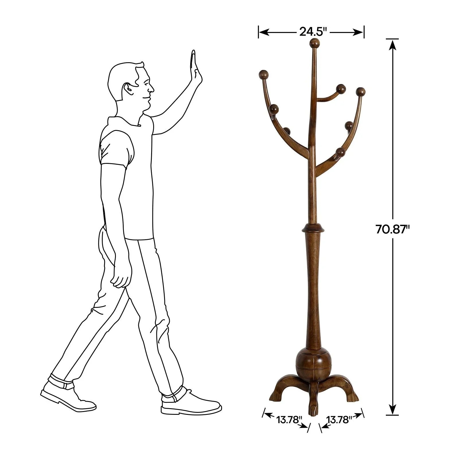 Porte-manteau sur pied en bois d'hévéa à motif de branches d'arbre avec 8 crochets - 24,5 l x 70,87 h