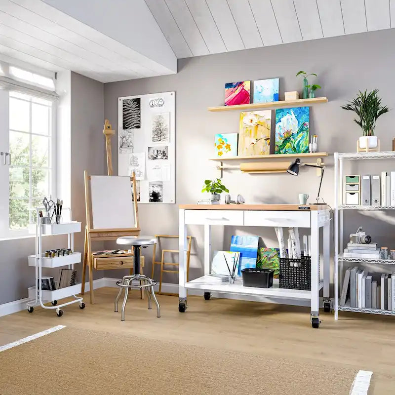 Table îlot central avec plateau en bois massif, 122 x 61 x 91 cm, blanche