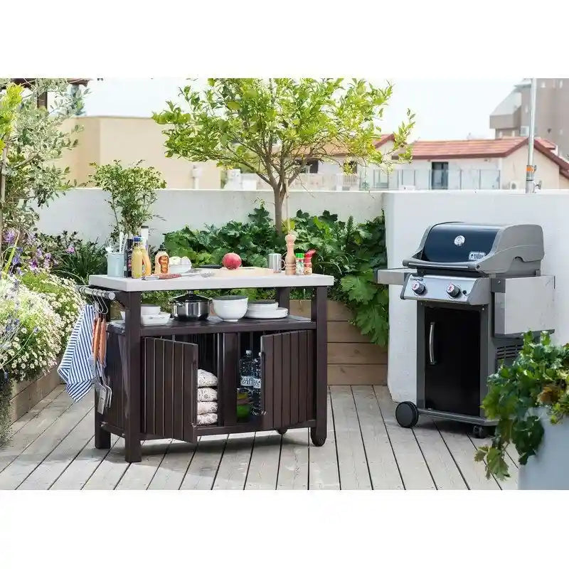Chariot de service de bar à roulettes pour barbecue extérieur avec rangement marron foncé - 35,4 H x 48,7 L x 20,4 P