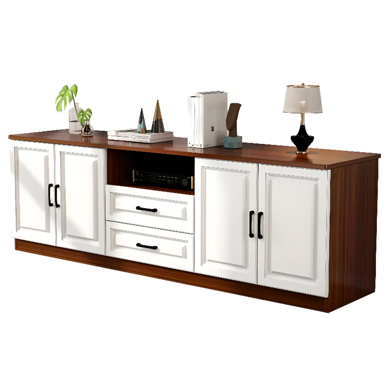 Meuble TV moderne blanc en bois avec rangement et gestion des câbles
