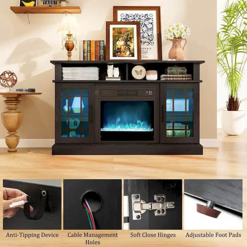 Meuble TV avec cheminée électrique, lumières LED et télécommandes