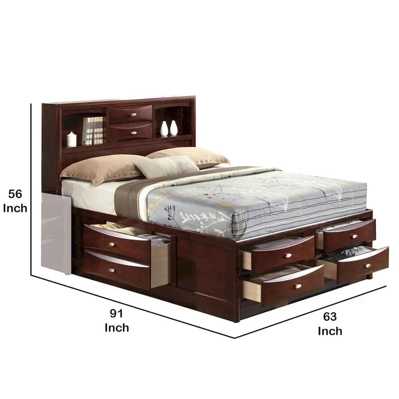 Lit double Queen Size avec bibliothèque et tiroirs, brun