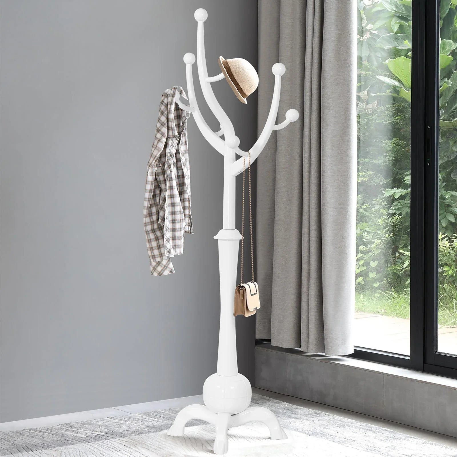 Porte-manteau sur pied en bois d'hévéa à motif de branches d'arbre avec 8 crochets - 24,5 l x 70,87 h