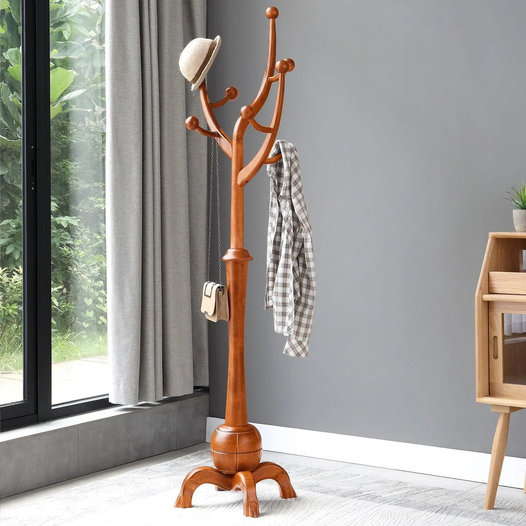 Porte-manteau sur pied en bois d'hévéa à motif de branches d'arbre avec 8 crochets - 24,5 l x 70,87 h