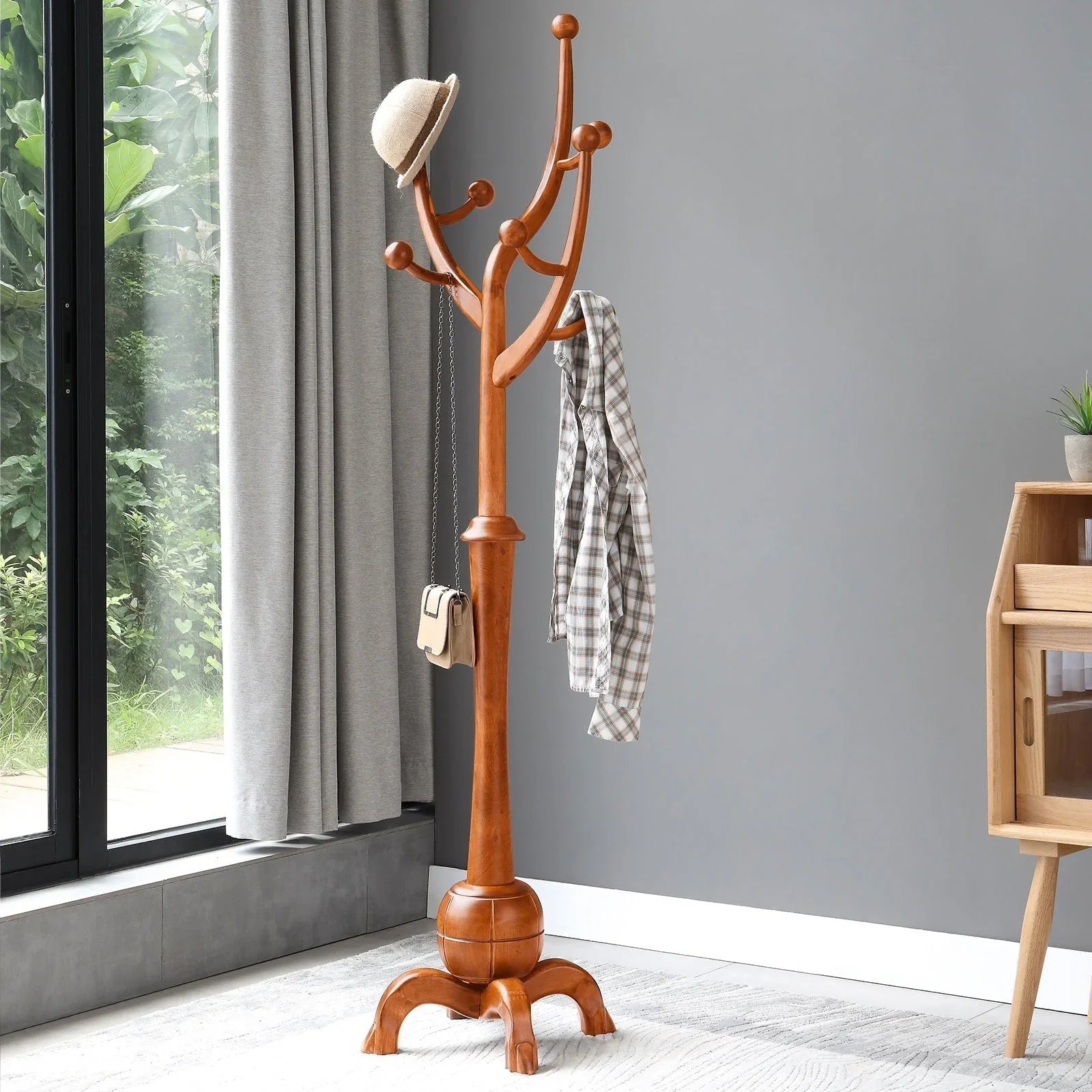 Porte-manteau sur pied en bois d'hévéa à motif de branches d'arbre avec 8 crochets - 24,5 l x 70,87 h