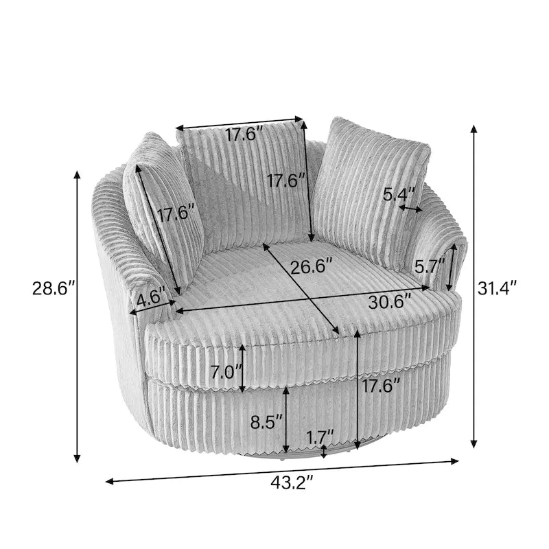 Fauteuil pivotant rond surdimensionné en velours côtelé avec accoudoirs encastrés 43 W