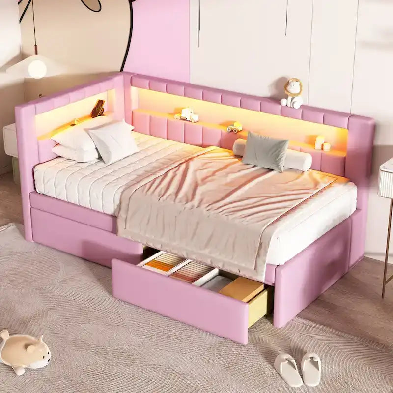 Lit plateforme rembourré avec ports USB et éclairage LED - Cadre de lit double/simple avec 2 tiroirs de rangement - Chambre à coucher moderne