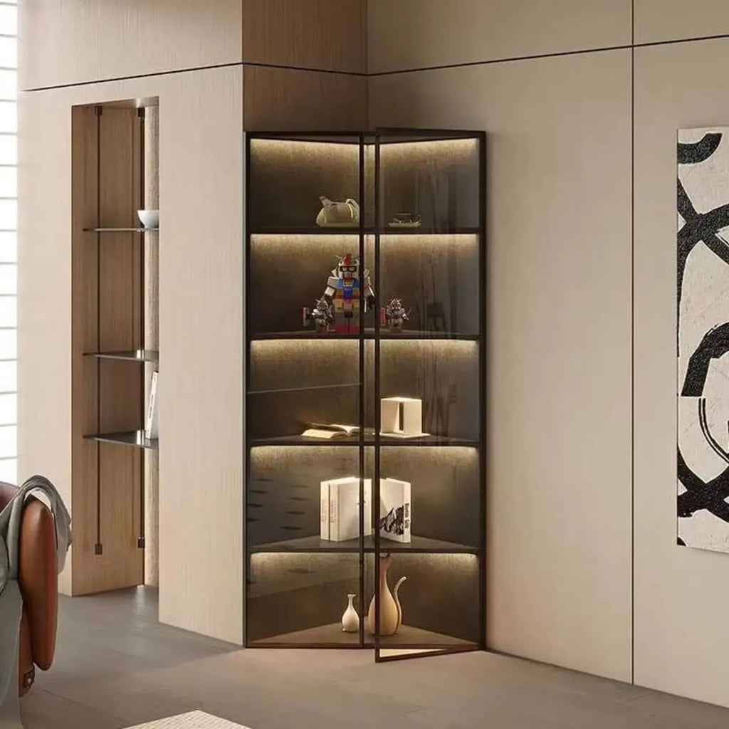 Meuble d'angle d'exposition moderne en bois et métal gris avec porte vitrée