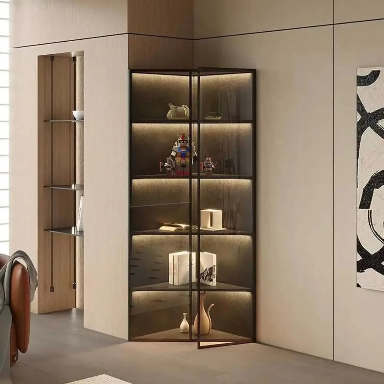 Meuble d'angle d'exposition moderne en bois et métal gris avec porte vitrée